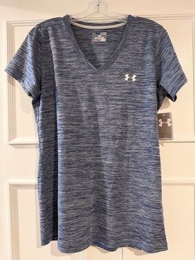 Under Armour Women's Heather Blue V-Neck Athletic Heat Gear Tee T Shirt XL New